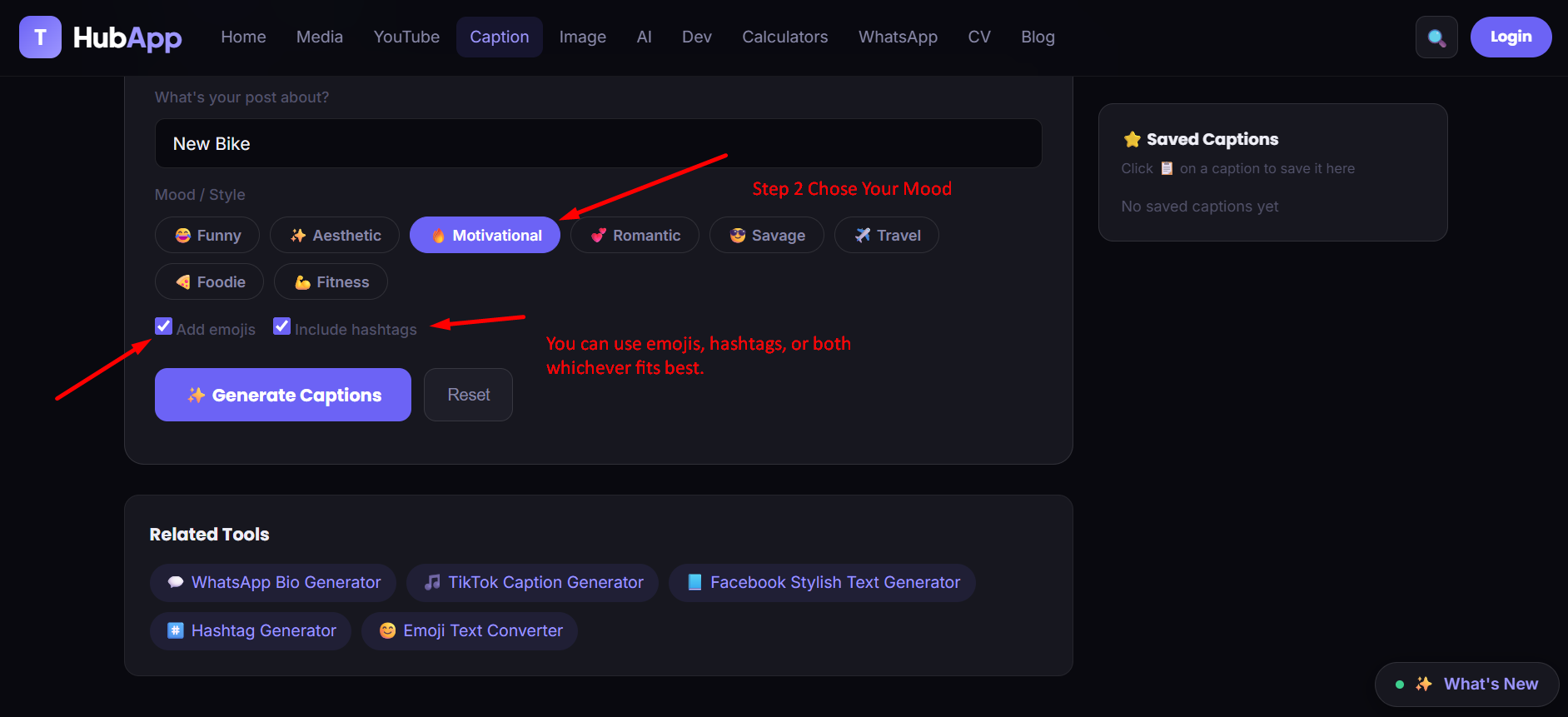 Step 3 — toggle emojis and hashtags